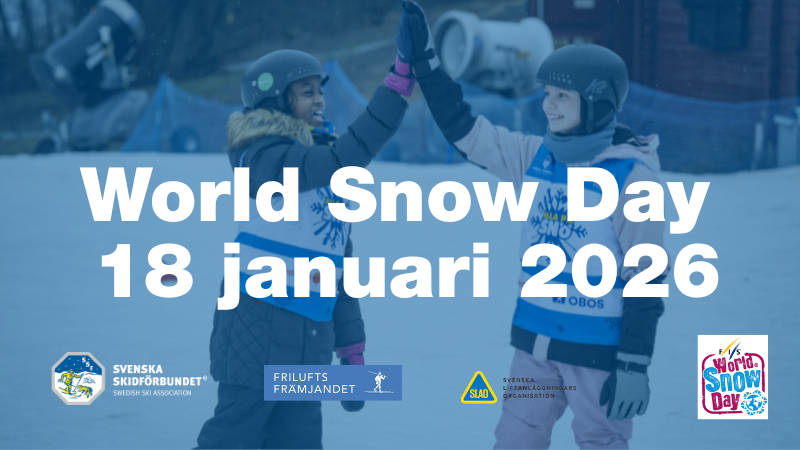 Två barn som gör high five Text World Snow Day 18 januari 2026