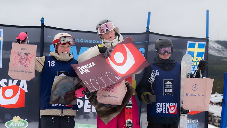 SM-vinnarna i big air och slopestyle belönas med Svenska Spels Hejapris på 10 000 kronor. Foto: Daniel Bernstål.